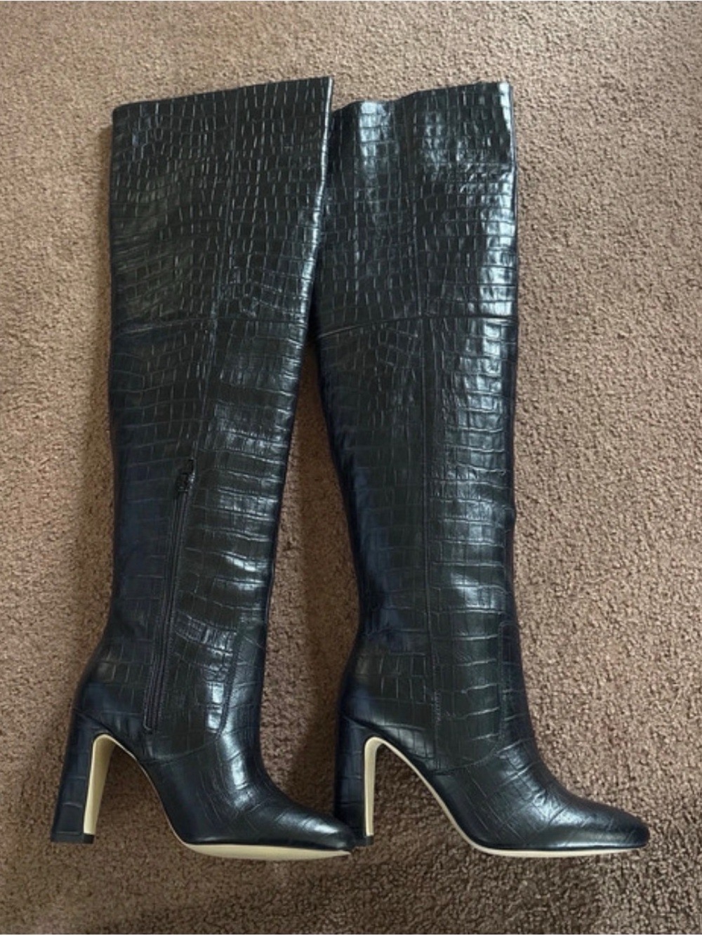 Zara Black Croc-Embossed Over-the-Knee Heeled Boots with Contrast Sole